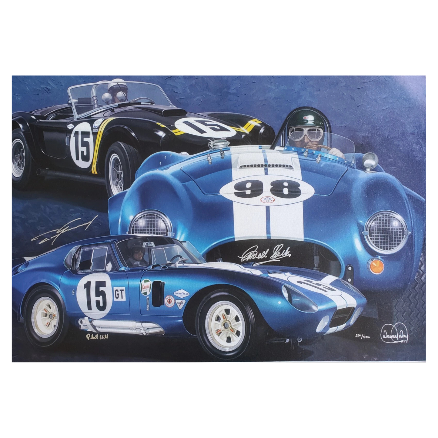 Bitten by the Snake Triple Signed by Carroll Shelby, Dan Gurney & Phil Hill | Danny Day Automotive Artwork