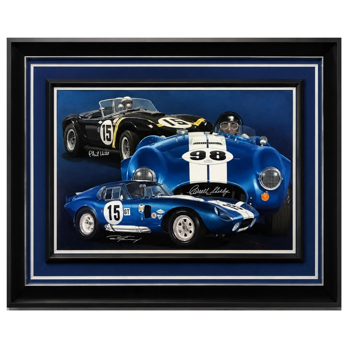 Original "Bitten by the Snake" Oil Painting Signed by Carroll Shelby, Dan Gurney & Phil Hill | Danny Day Artwork