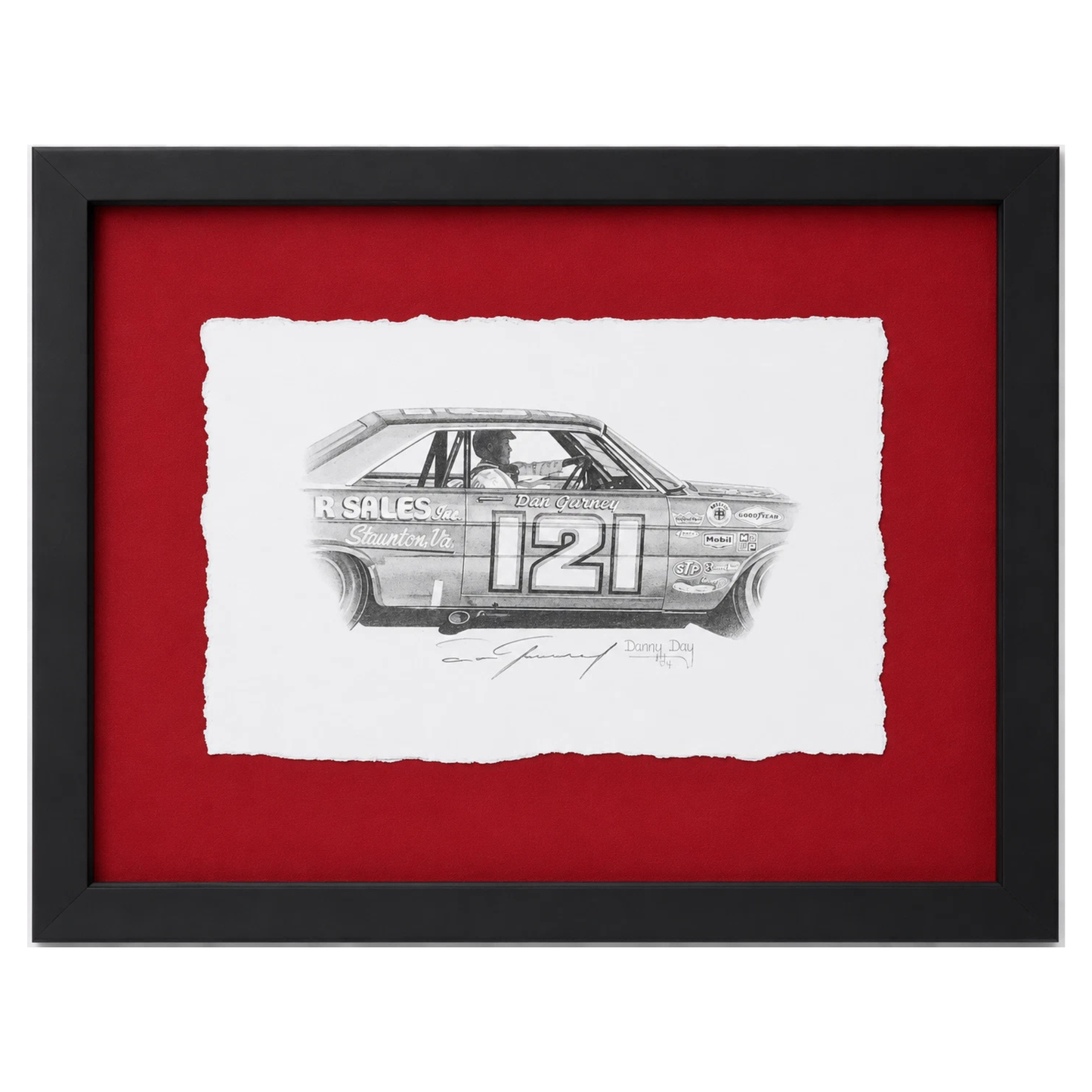 Original Wood Brothers Ford Galaxie 500 #121 Pencil Drawing Signed by Dan Gurney | Danny Day Artwork